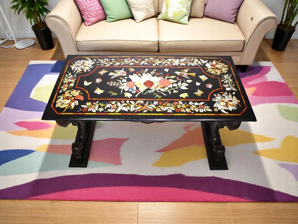 Black Marble Dining Room Table -Floral  Pietradura Inlay Stone