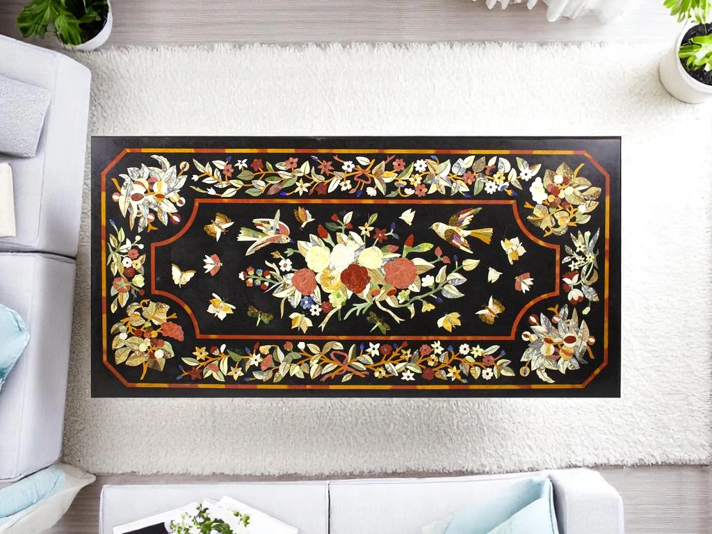 Black Marble Dining Room Table -Floral  Pietradura Inlay Stone