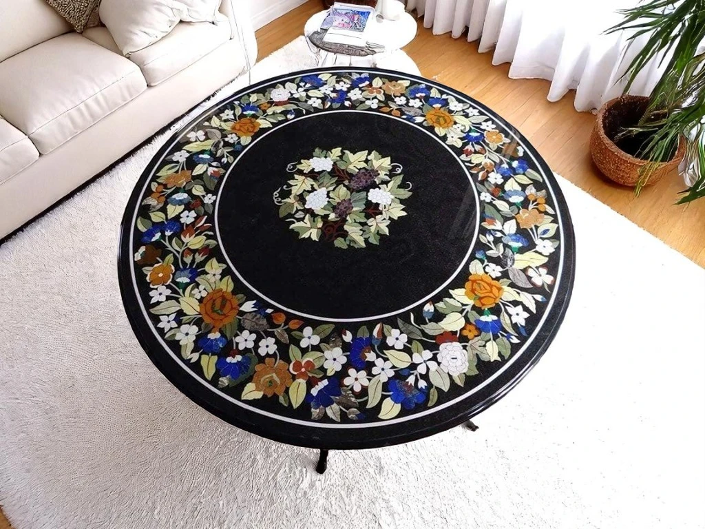 Black Marble Table with Pietra Dura Gemstone Inlay Art