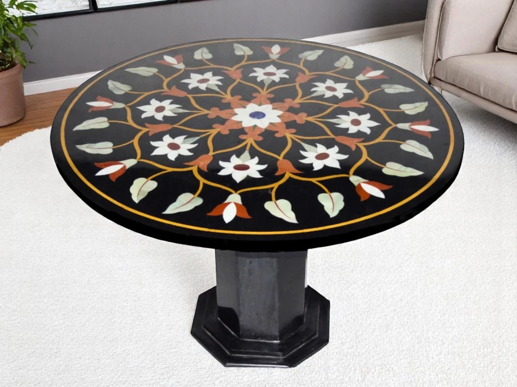  Black Round Marble Coffee Table – Floral Pietra Dura Inlay Art