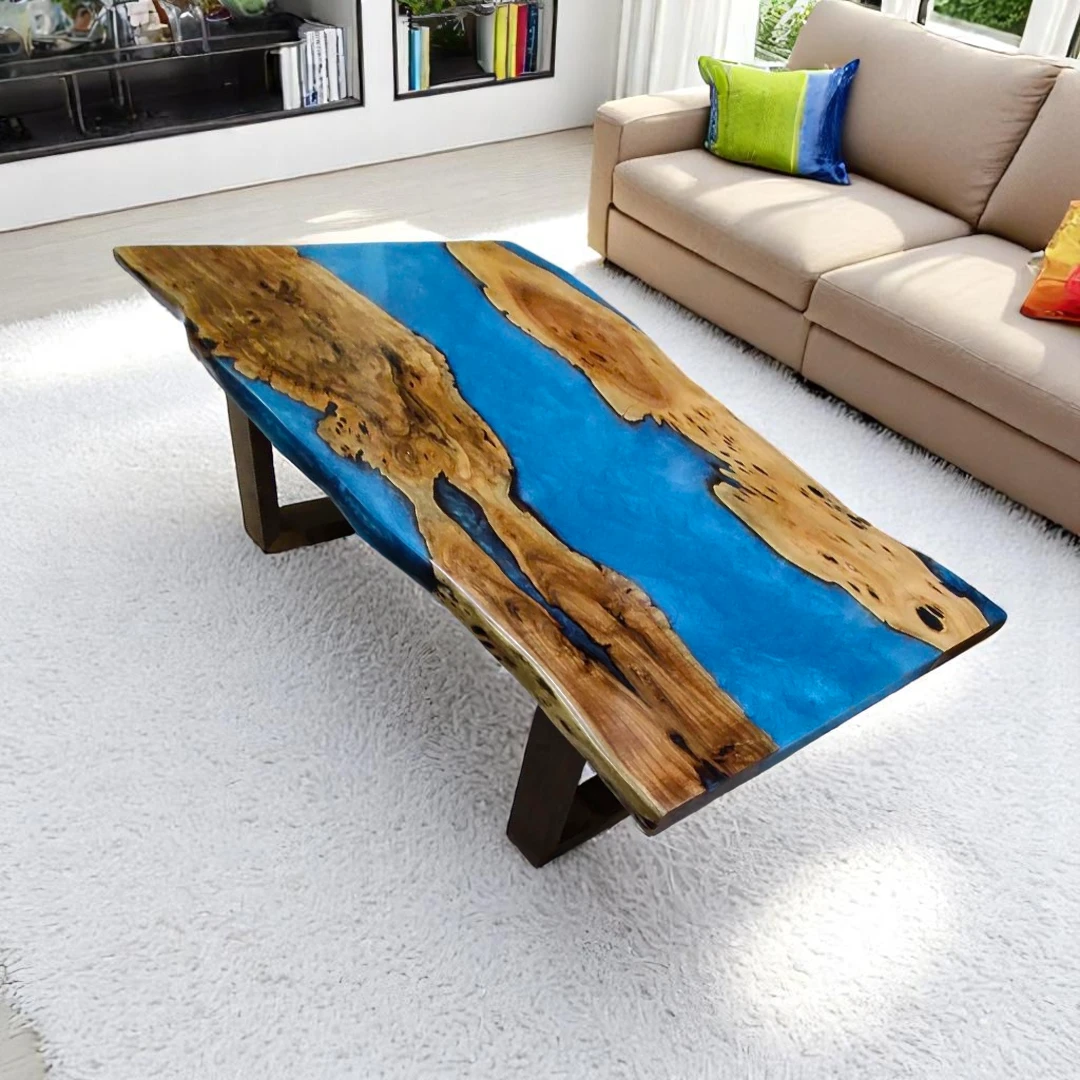 Blue Live Edge River Coffee Table - Custom Epoxy & Acacia Wood