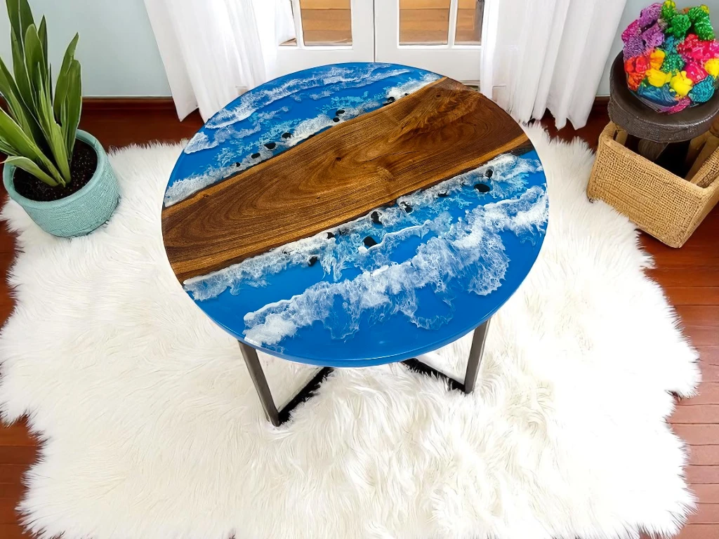 Blue Resin River Round Epoxy Table – Made to Order Furniture