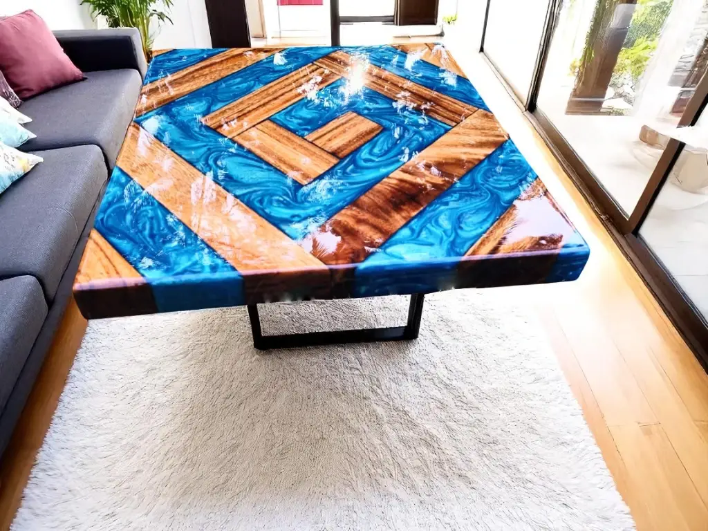 Custom Blue Resin River Epoxy Table - Handmade Natural Wood Furniture