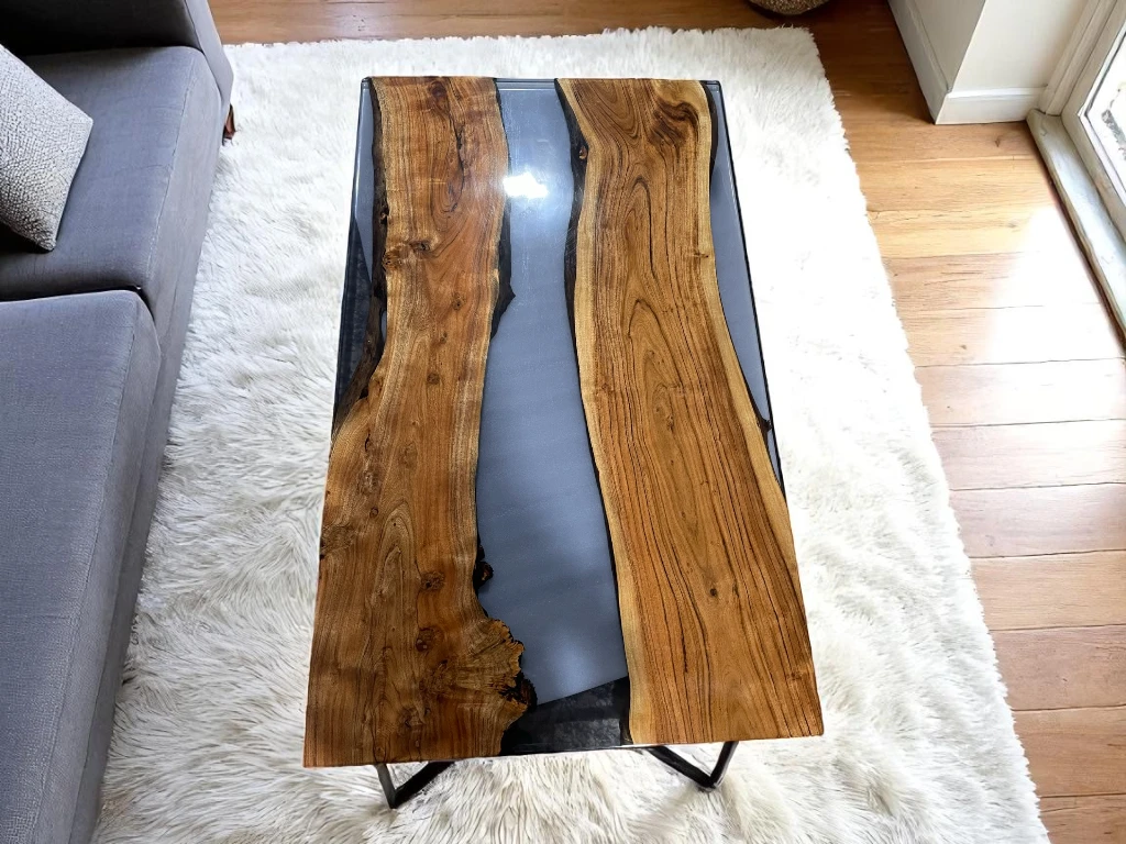 Custom Gray Epoxy Resin Table Top – Mid Century Modern Design