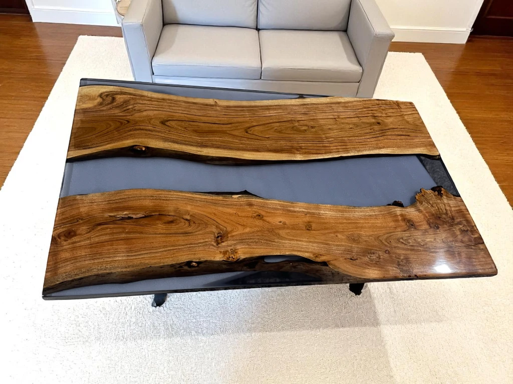 Custom Gray Epoxy Resin Table Top – Mid Century Modern Design