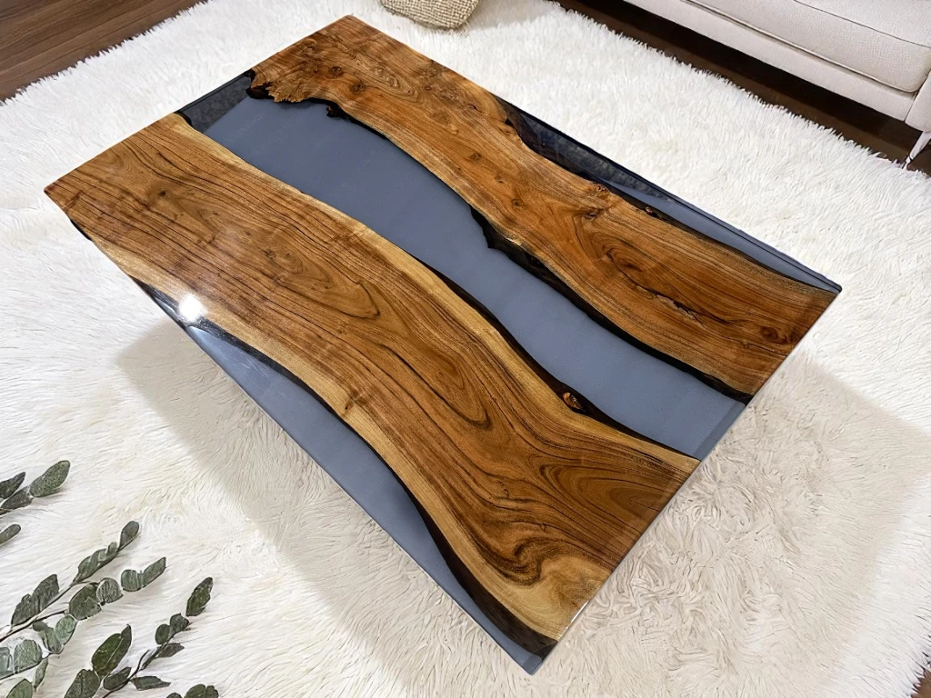 Custom Gray Epoxy Resin Table Top – Mid Century Modern Design