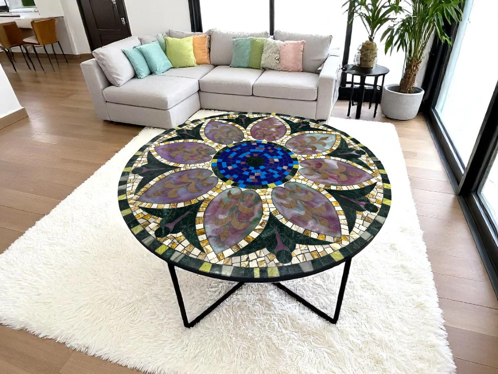 Custom Round Marble Coffee Table with Semi-Precious Stone Inlay
