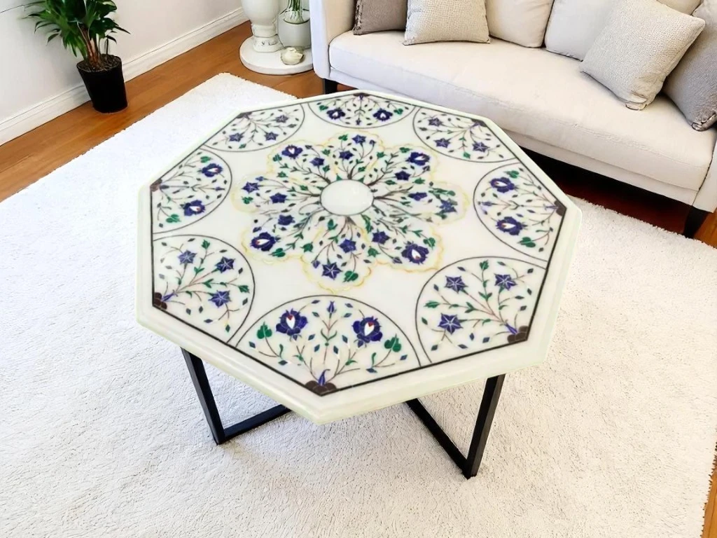 Decorative Marble Console Table with Lapis Lazuli Art