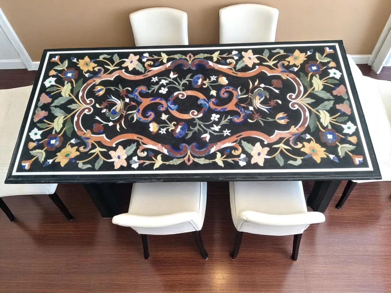 Dining Table Black Marble Top Floral Pietradura Italian Work 