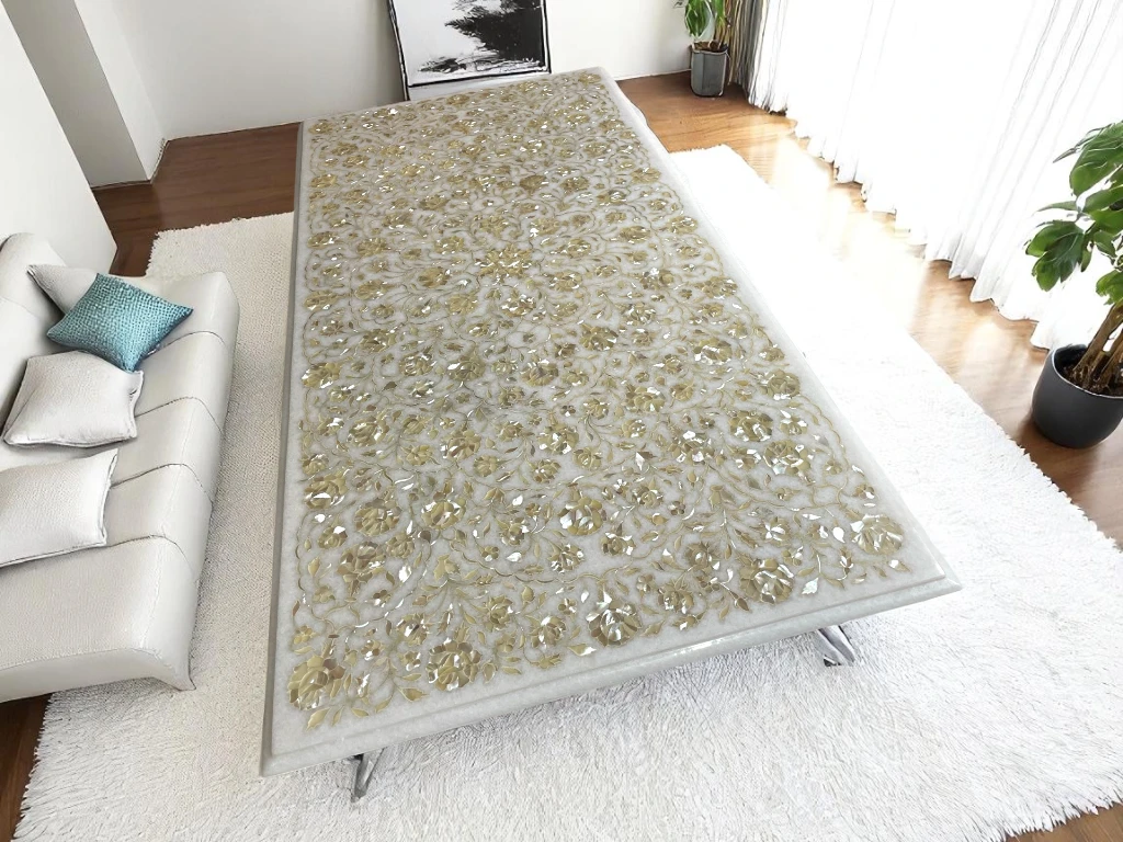 Elegant Marble Dining Table Rectangular with Mother of Pearl Inlay Design