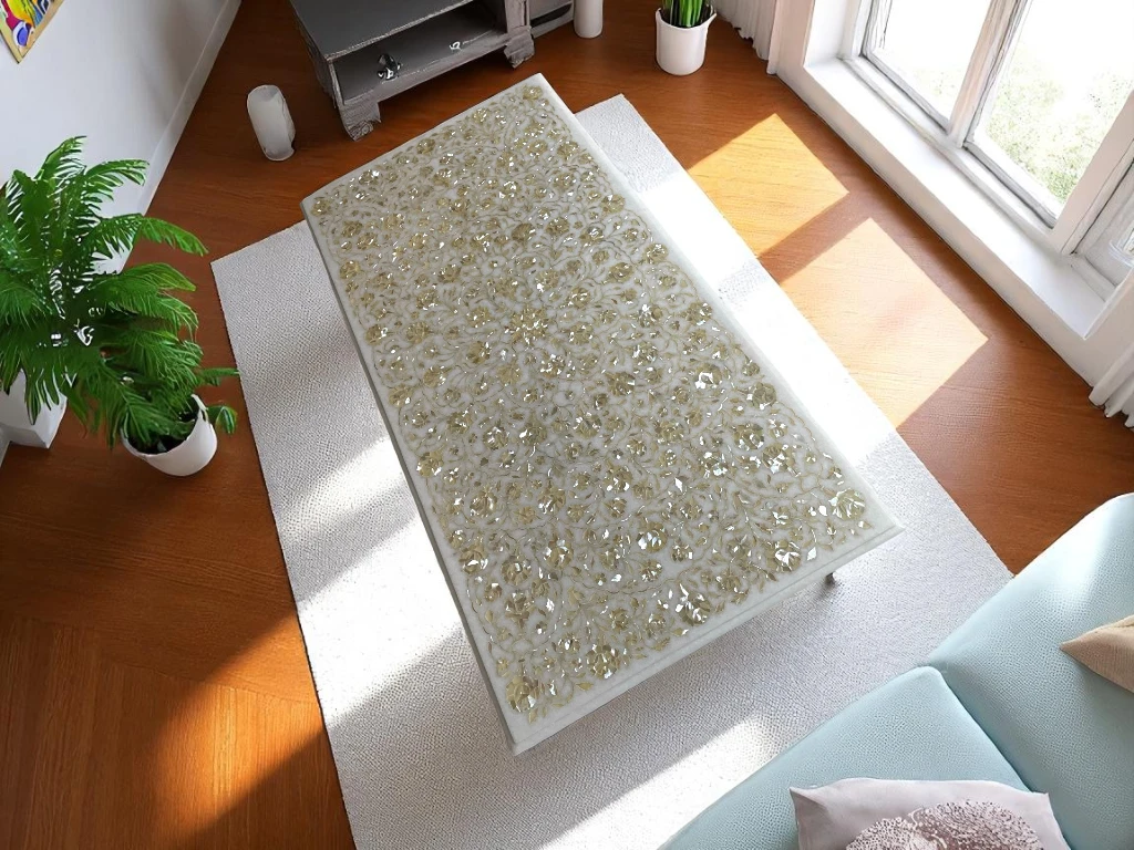 Elegant Marble Dining Table Rectangular with Mother of Pearl Inlay Design