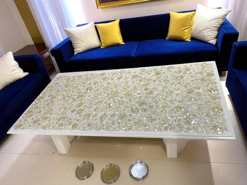 Elegant Marble Dining Table Rectangular with Mother of Pearl Inlay Design