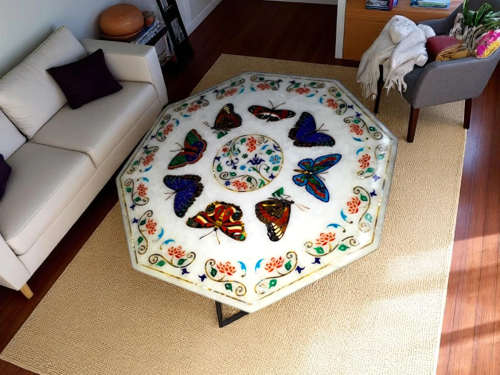 Elegant Octagonal Side Table with Butterfly Gemstone Inlay