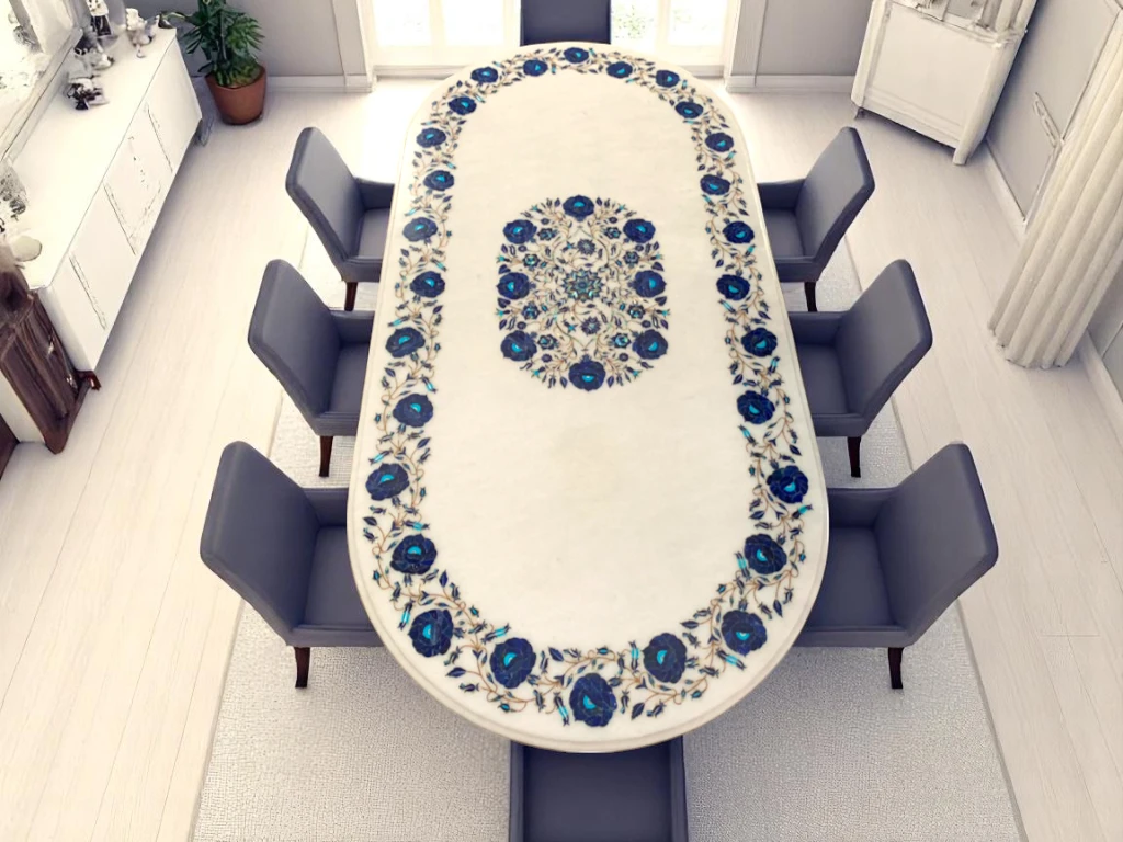 Exclusive Oval Dining Table Floral Lapis Inlay Marquetry Furniture 