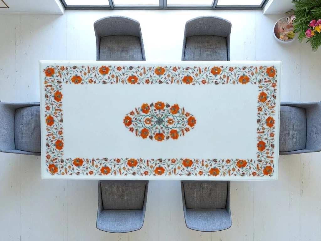 Floral White Marble Dining Table with Carnelian Inlay Home Decor 