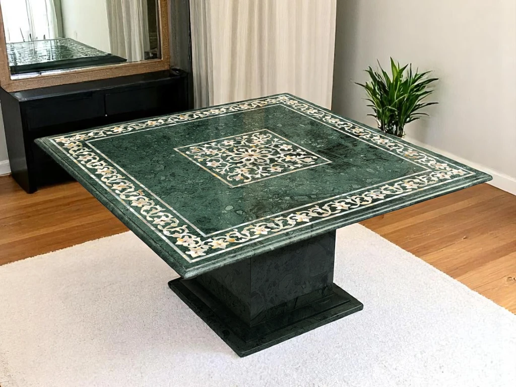 Green Marble Square Table with Intricate Mother of Pearl Stone Work