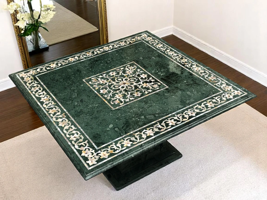 Green Marble Square Table with Intricate Mother of Pearl Stone Work