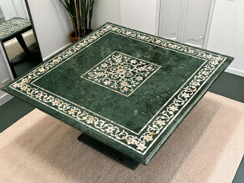 Green Marble Square Table with Intricate Mother of Pearl Stone Work