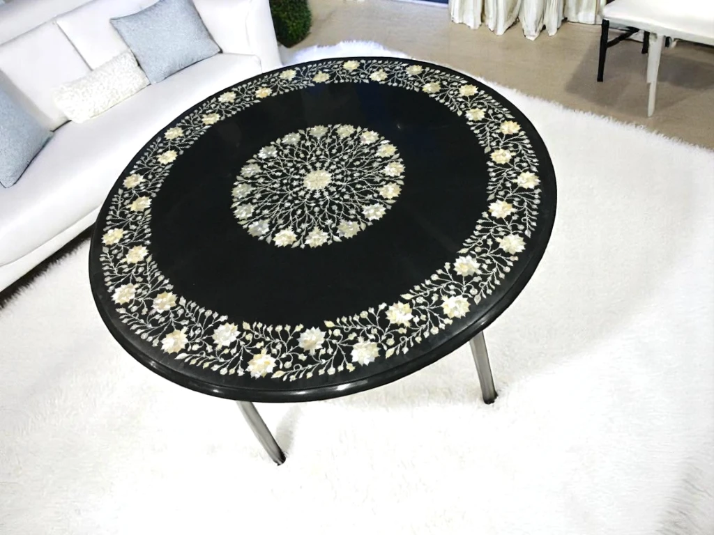 Handicraft Black Marble Round Coffee Table Exclusive Furniture 