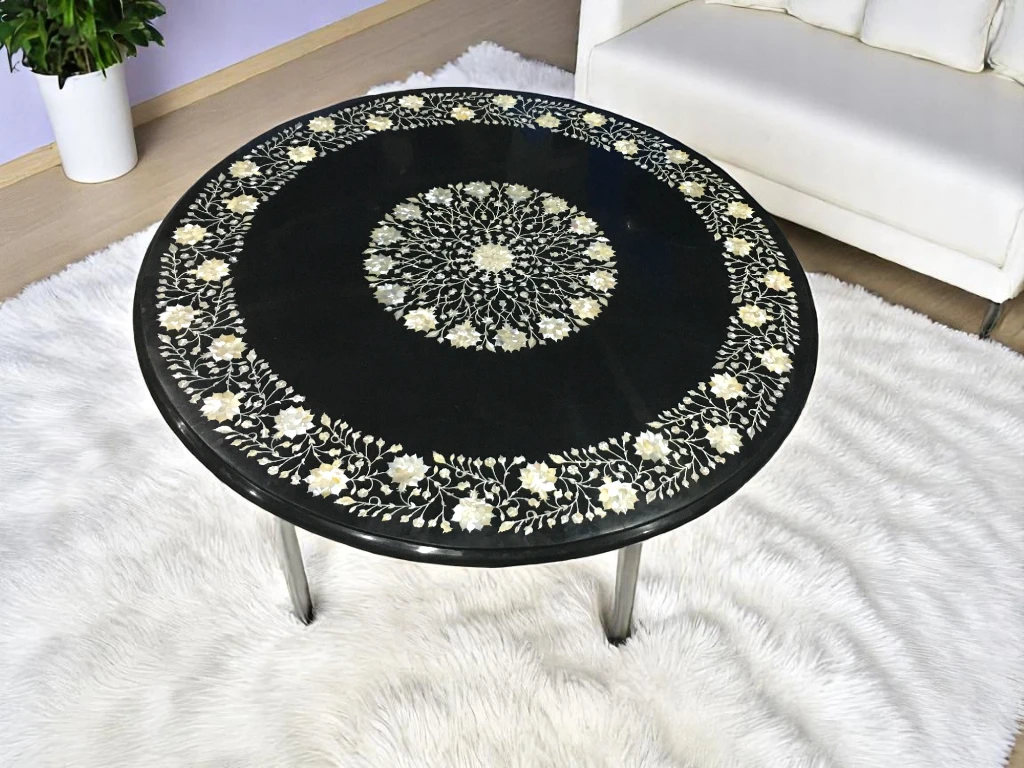 Handicraft Black Marble Round Coffee Table Exclusive Furniture 
