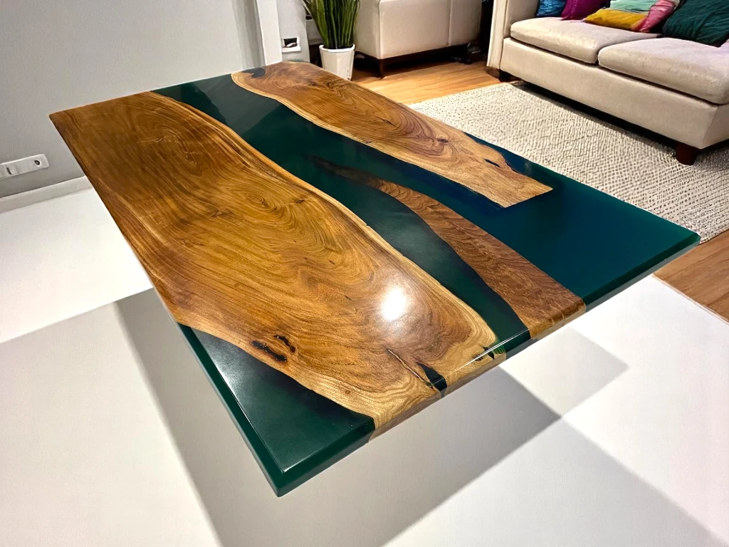 Handmade Green Epoxy Table Top with Acacia Wood : Custom sizes available