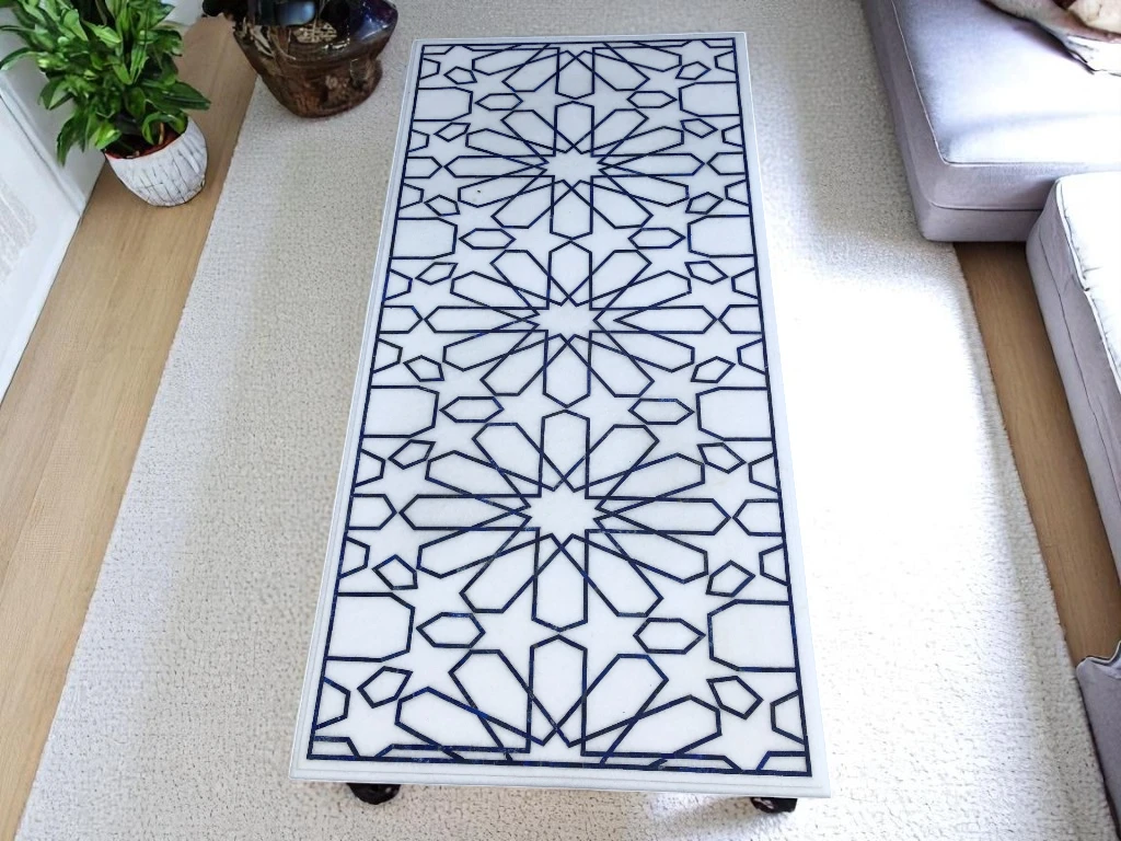 Italian White Marble Rectangle Table Tops with Lapis Lazuli Inlay