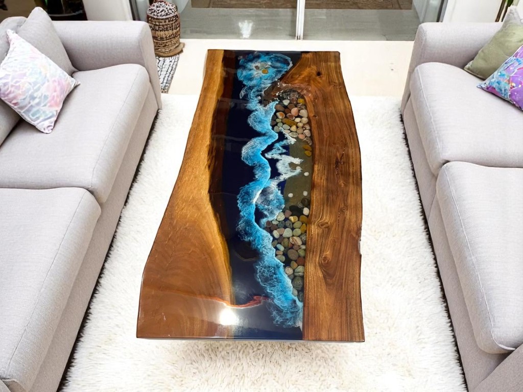 Live Edge Coffee Table With Resin Ocean Waves