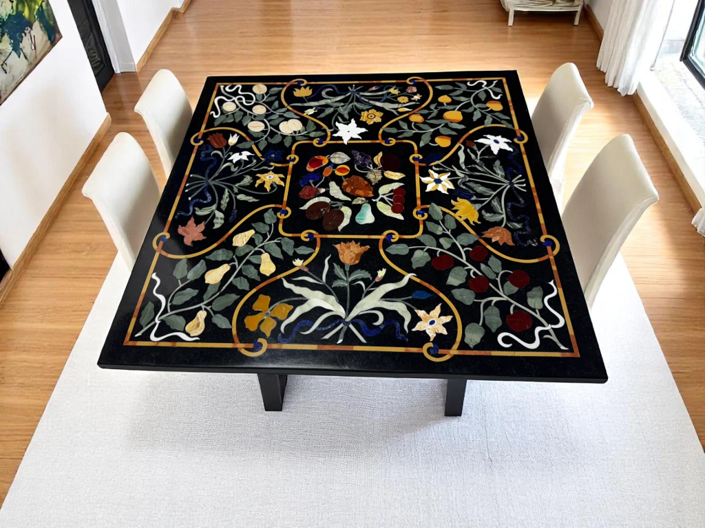 Living Room Side Table Black Marble Inlay Furniture, Unique Gift