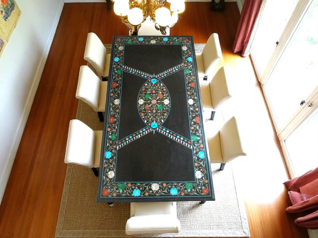Luxurious Black Marble Center Table with Gemstone Inlay