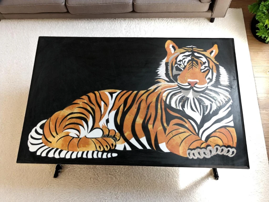 Luxury Marble Dining Table with Handcrafted Tiger Art Wall Tile