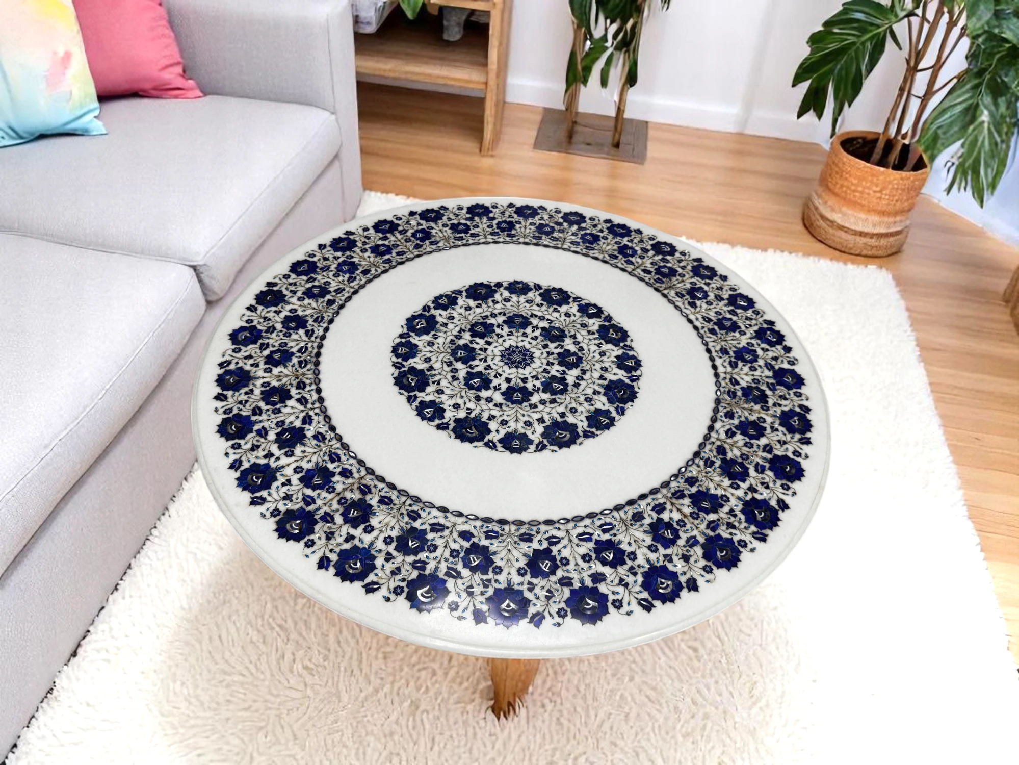 Luxury Marble Round Coffee Table with Floral Lapis Inlay Design 
