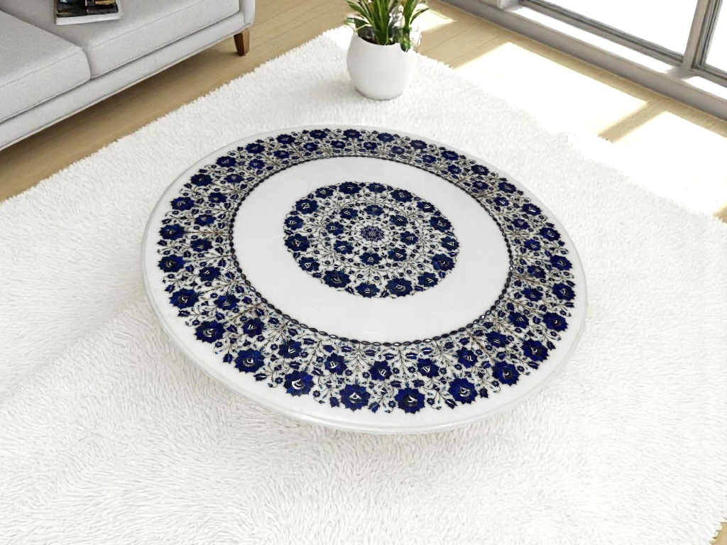 Luxury Marble Round Coffee Table with Floral Lapis Inlay Design 