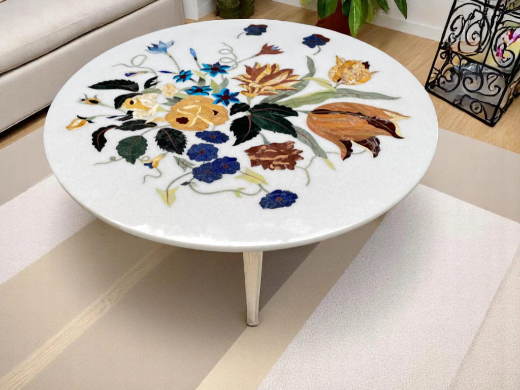 Luxury White Marble Round Table: Exquisite Semi-Precious Stone Inlay | Vedant Artisans