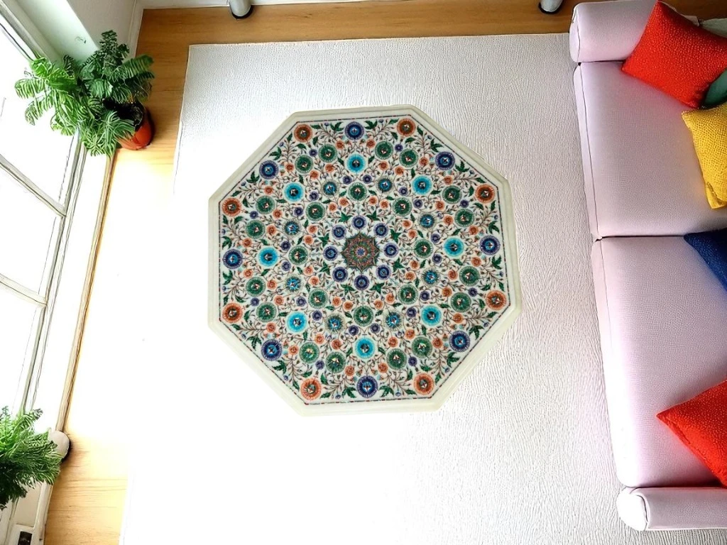  Marble Coffee Table with Multi Gemstone Inlay Hakik Art Decor