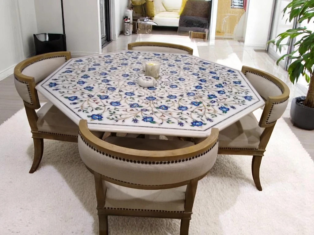 Octagonal Marble Living Room Table - Parchin kari 17th Century Mughal Art 
