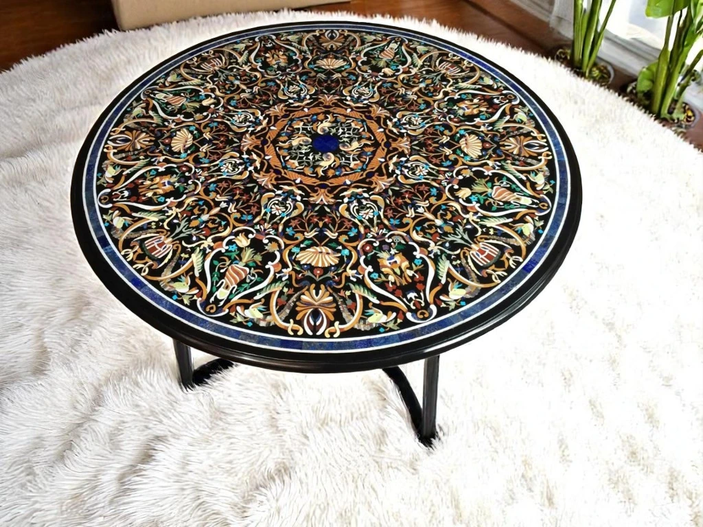 Pietra Dura Black Marble Round Table Top 