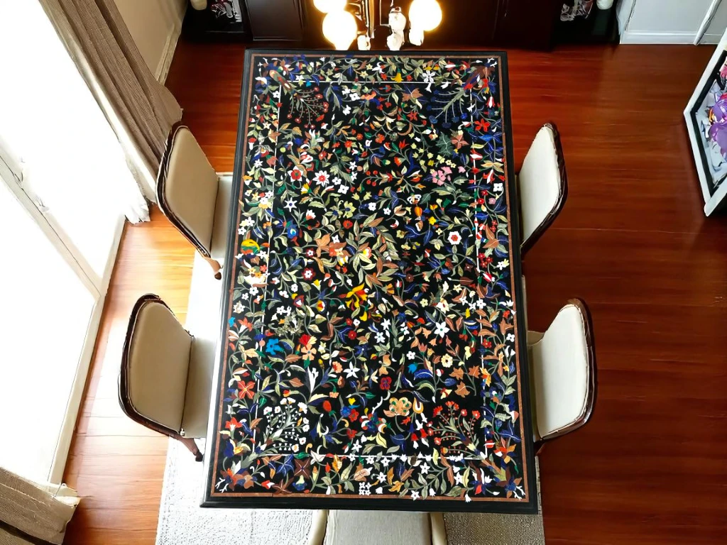 Pietra Dura Inlay Black Marble Dining Table Top