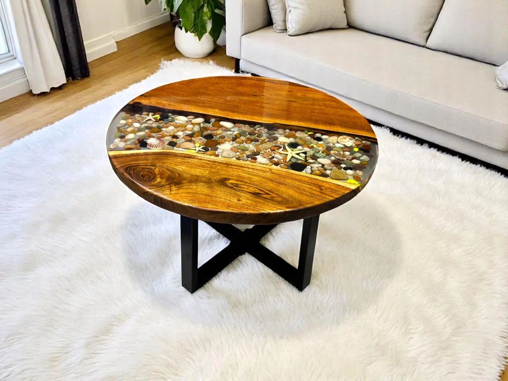 Round Epoxy Table with Natural Wood Resin River Rocks