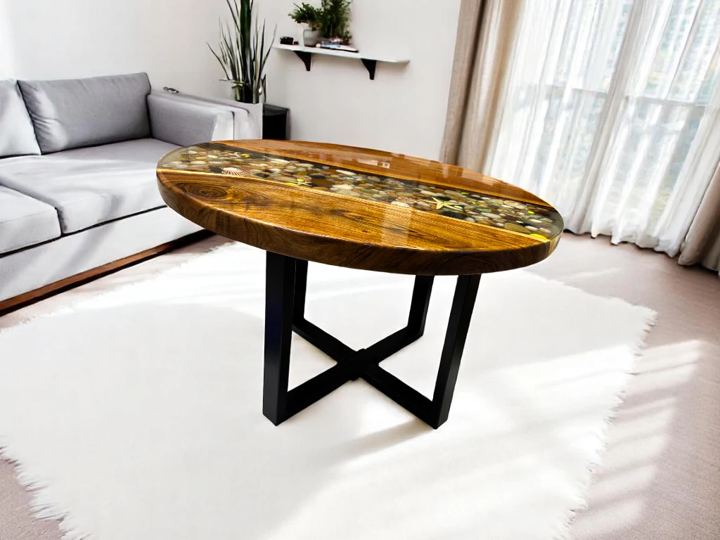 Round Epoxy Table with Natural Wood Resin River Rocks