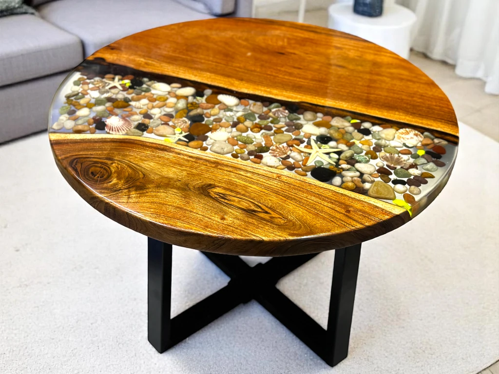 Round Epoxy Table with Natural Wood Resin River Rocks