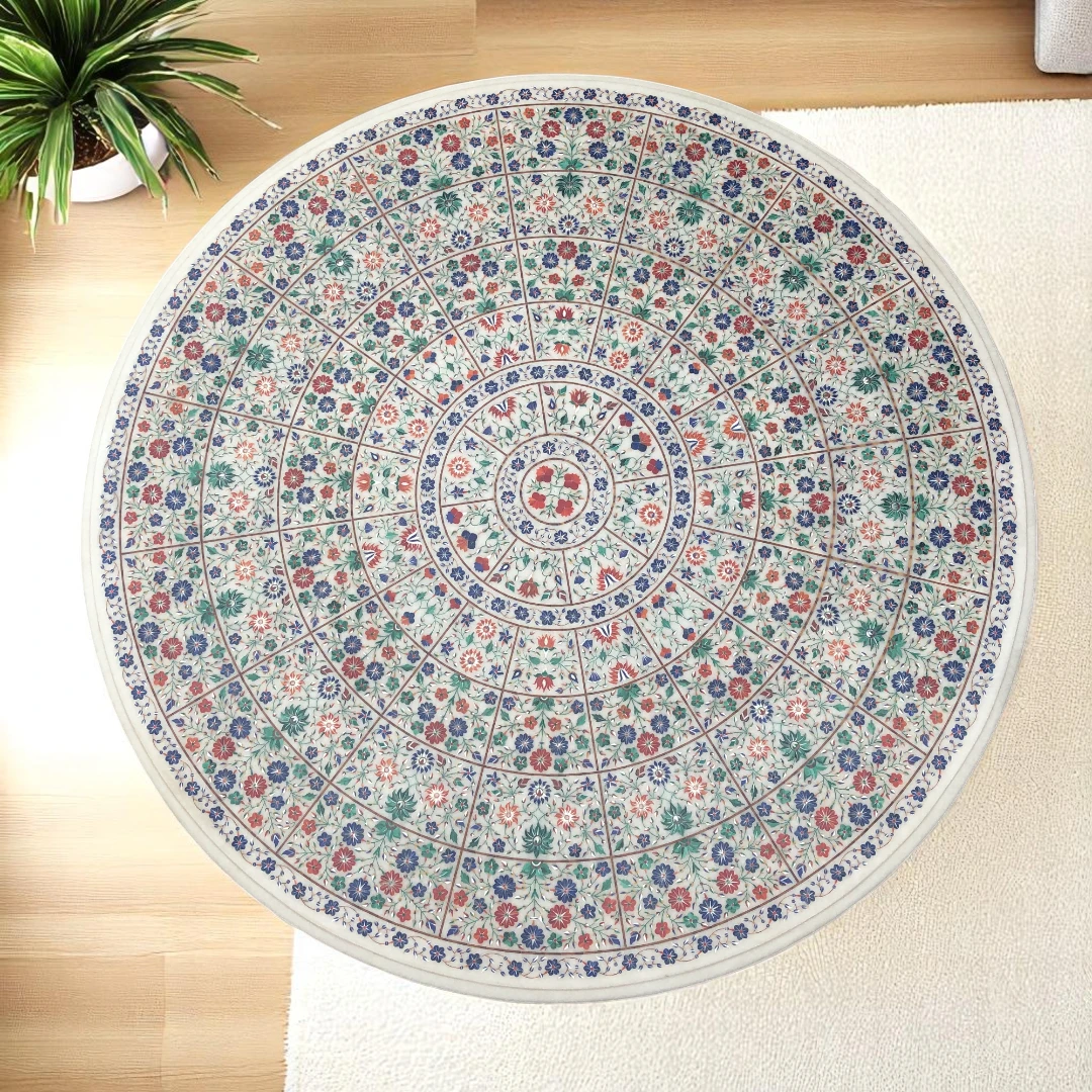 Round Marble Dining Table with Multi Semi-Precious Gemstones
