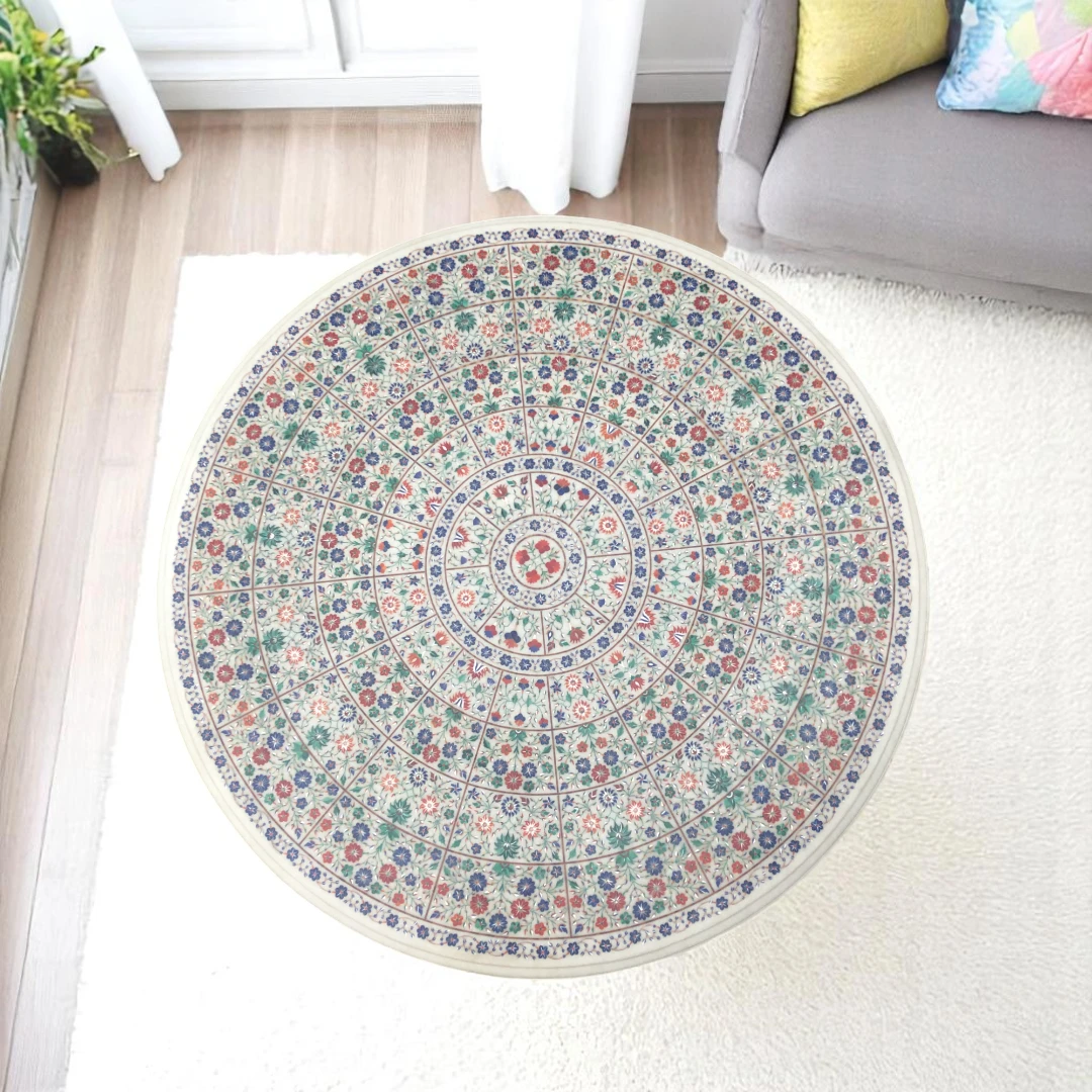 Round Marble Dining Table with Multi Semi-Precious Gemstones