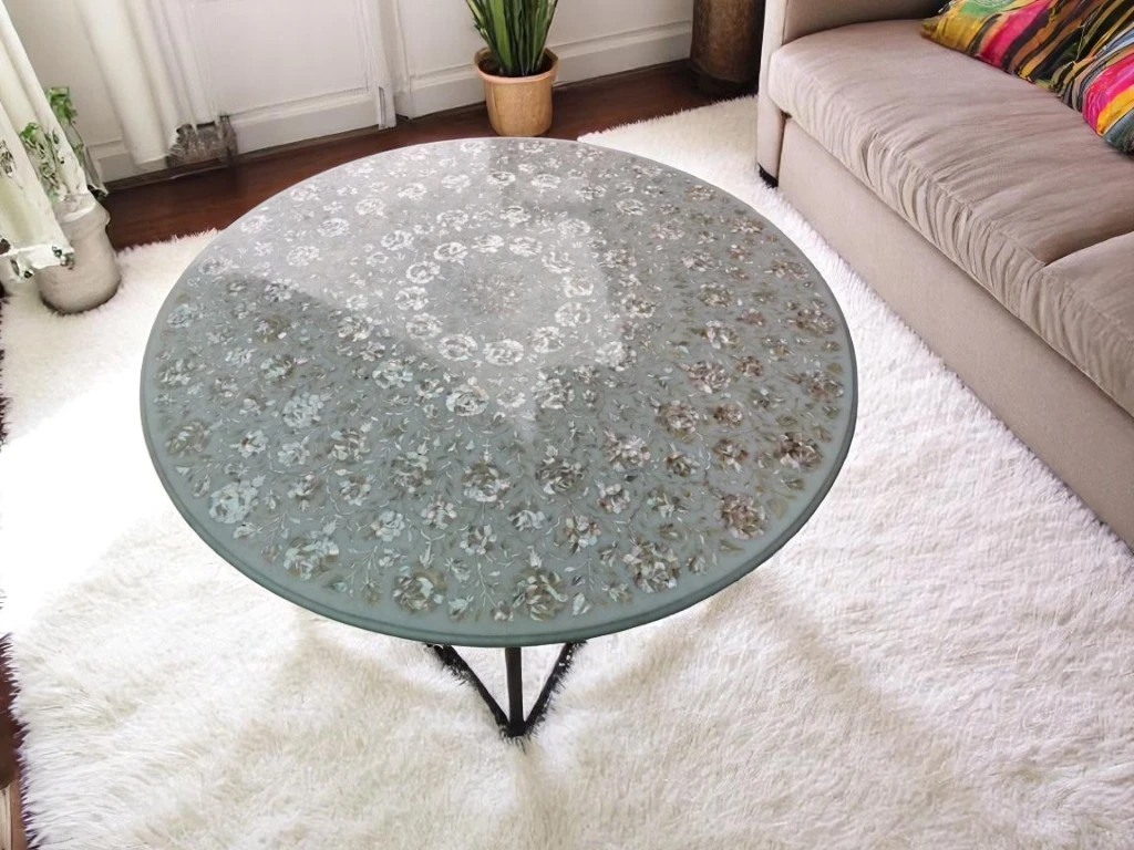 Round White Marble Coffee Table with Mother of Pearl Inlay - Vedant Artisans