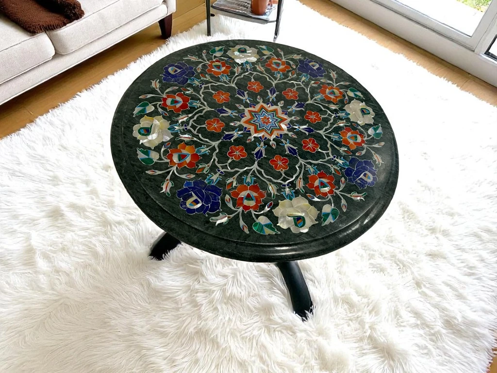 Luxury Green Marble Table Top with Gemstone Inlay Art Decor