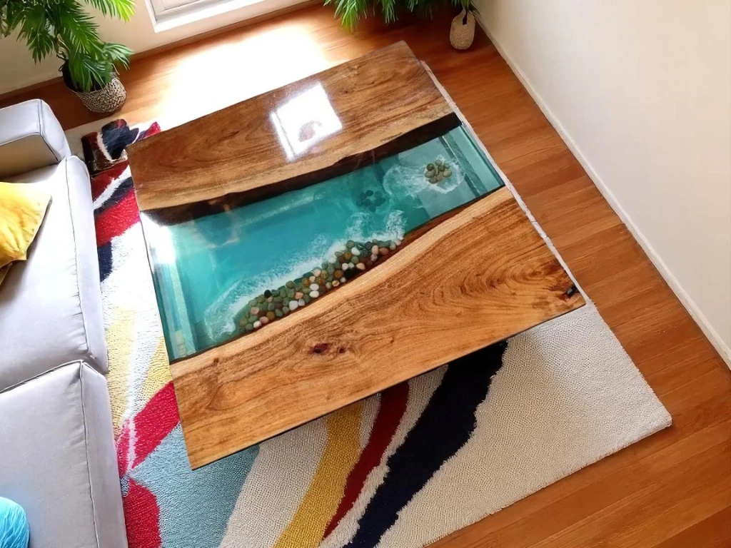 Square Walnut Coffee Table with Epoxy Resin - Stylish Home Decor