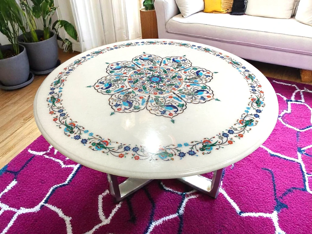 Stone Coffee Table in White Italian Marble Top Living Decor 