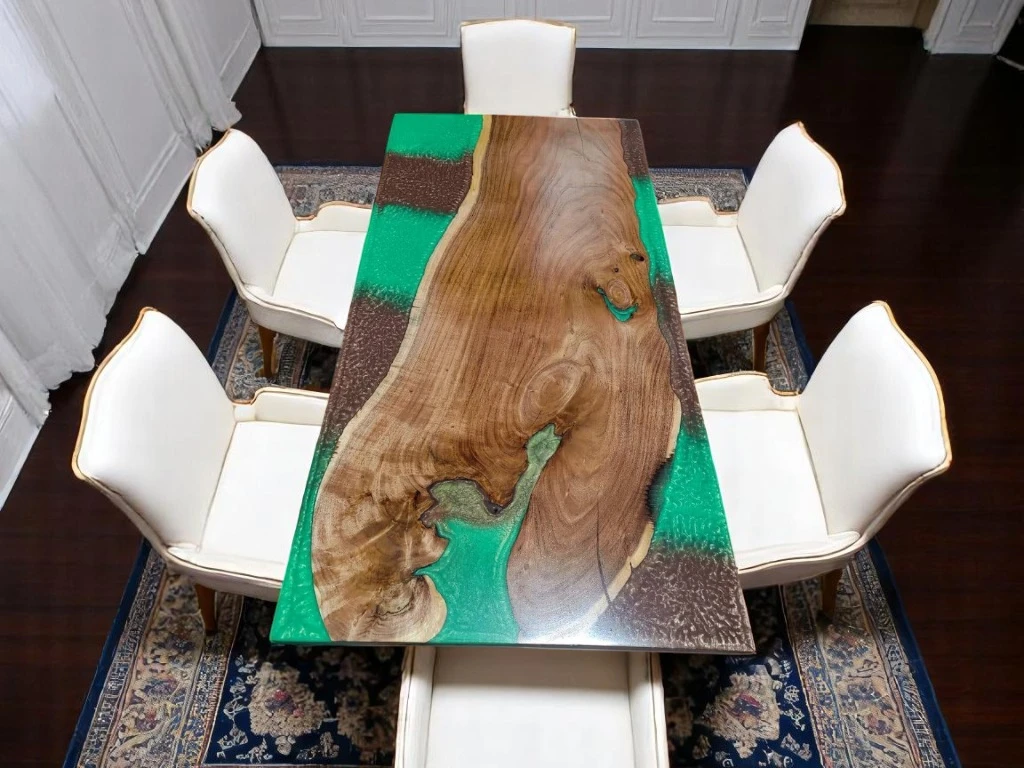 Walnut Rectangular Dining Table with Epoxy Resin Polish