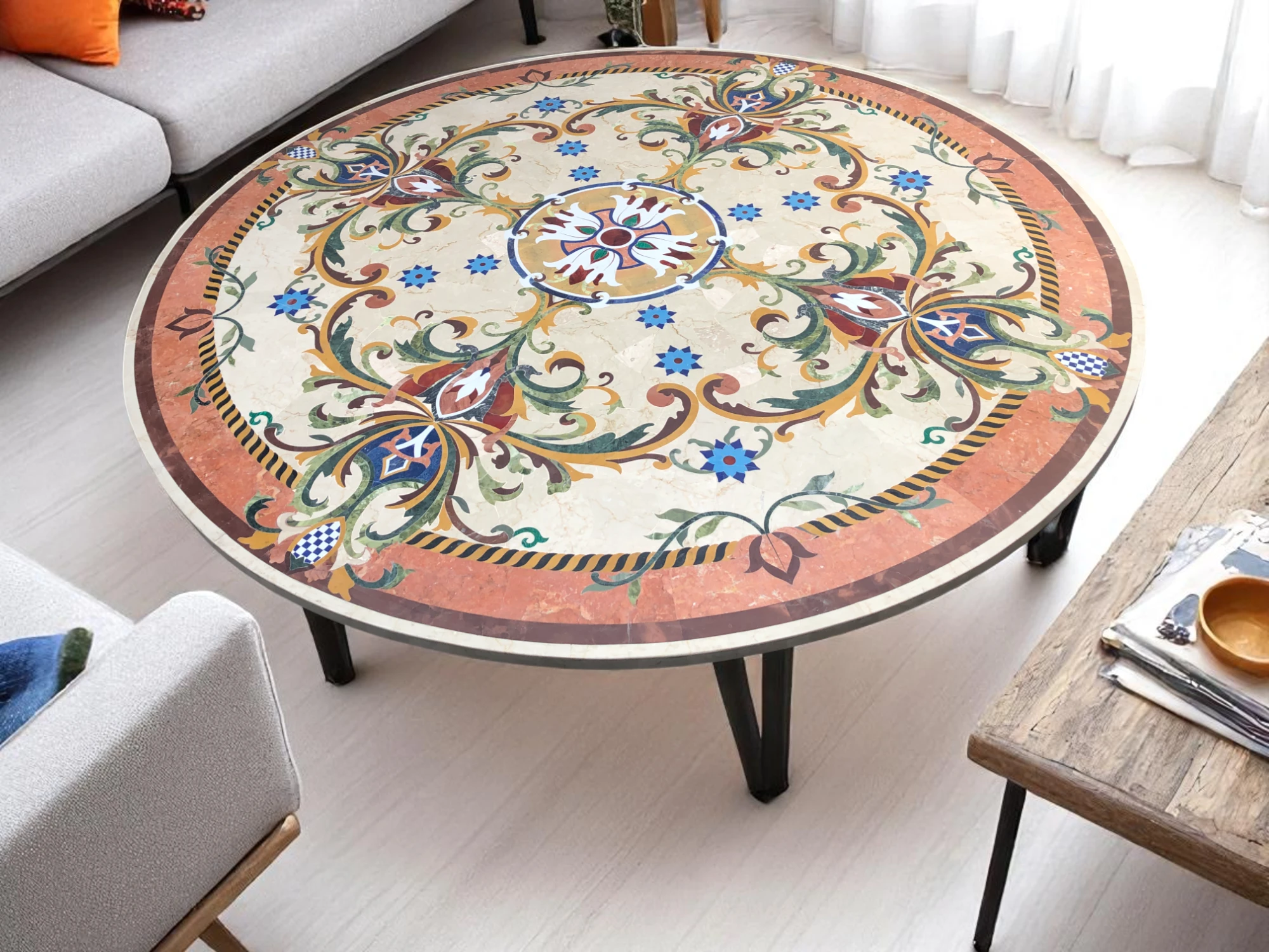  White Marble Coffee Table with Floral Pietra Dura Inlay