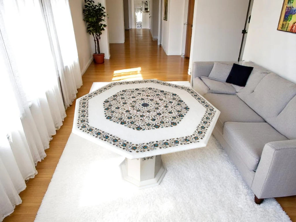 White Marble Coffee Table with Multi-Semi Precious Gemstone Inlay