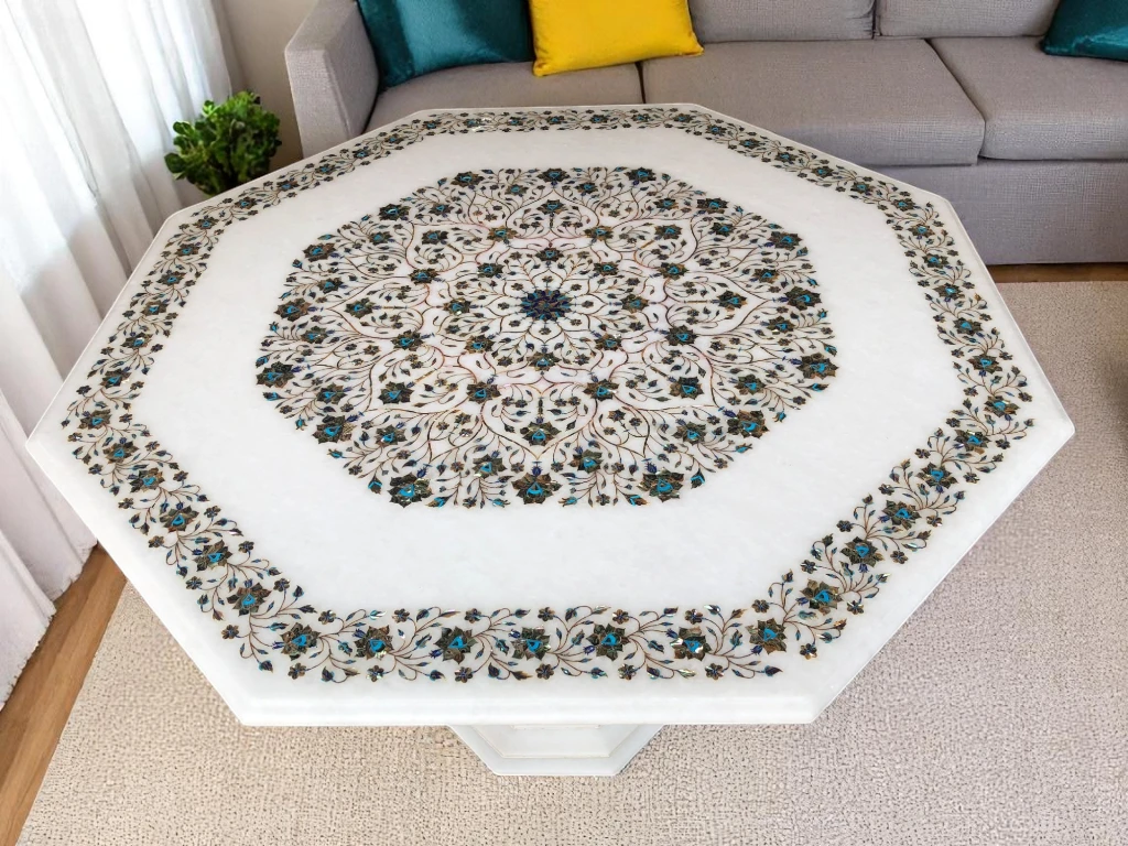 White Marble Coffee Table with Multi-Semi Precious Gemstone Inlay